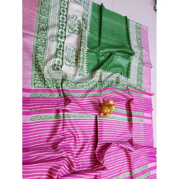 Silkmark_Tussar_Creative_Blockprint_Green_&_Pink_Saree