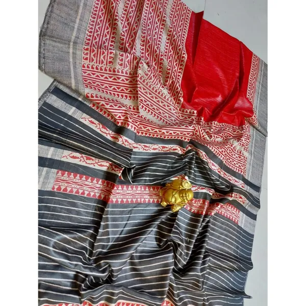 Silkmark_Tussar_Artistic_Blockprint_Red_&_Black_Saree