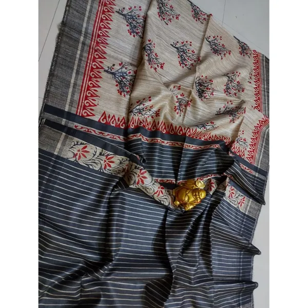 Silkmark_Tussar_Radiant_Blockprint_Black_&_Beige_Saree