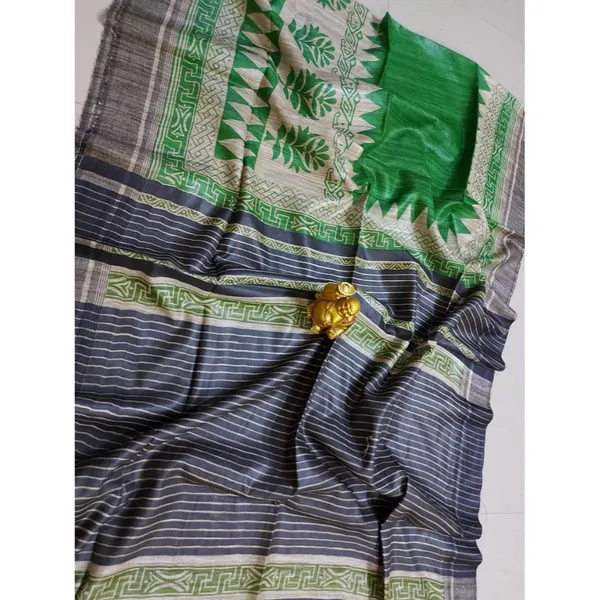 Silkmark_Tussar_Lustrous_Blockprint_Green_&_Black_Saree