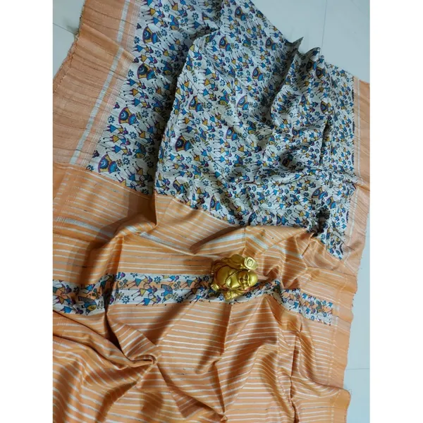 Silkmark_Tussar_Melodic_Blockprint_Blue_&_Orange_Saree