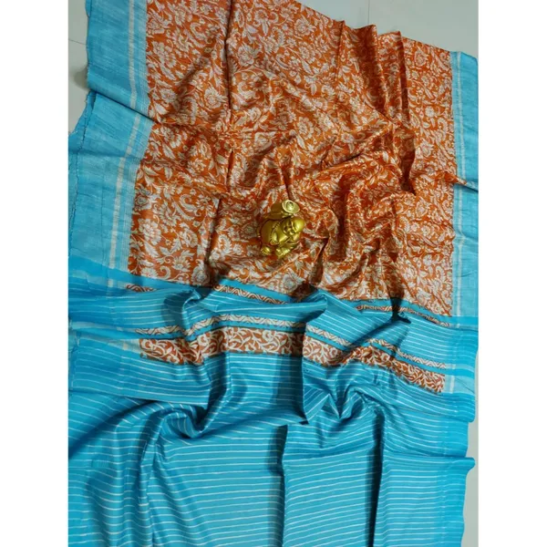Silkmark_Tussar_Poised_Blockprint_Orange_&_Blue_Saree