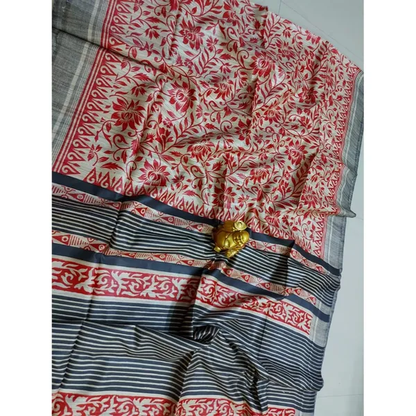 Silkmark_Tussar_Glossy_Blockprint_Red_&_Blue_Saree