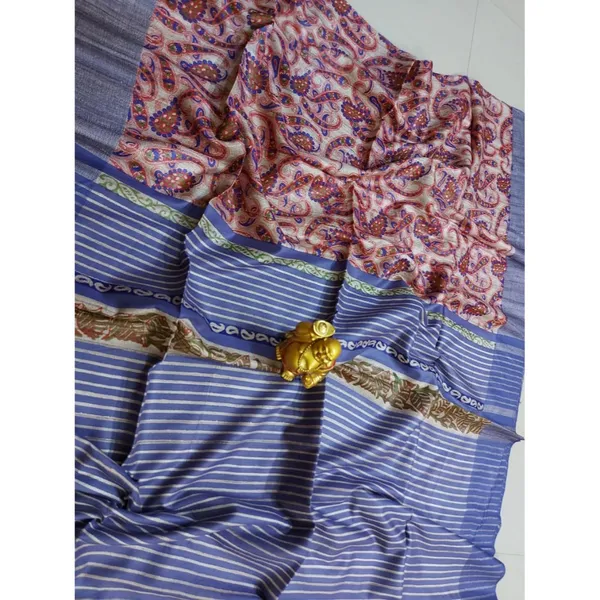 Silkmark_Tussar_Blushing_Blockprint_Blue_Saree
