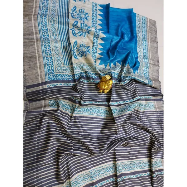 Silkmark_Tussar_Tranquil_Blockprint_Blue_&_Black_Saree