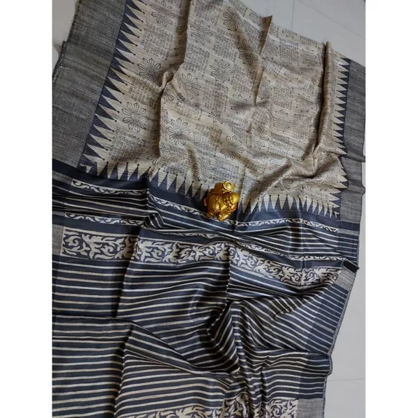 Silkmark_Tussar_Lively_Blockprint_Black_&_Beige_Saree