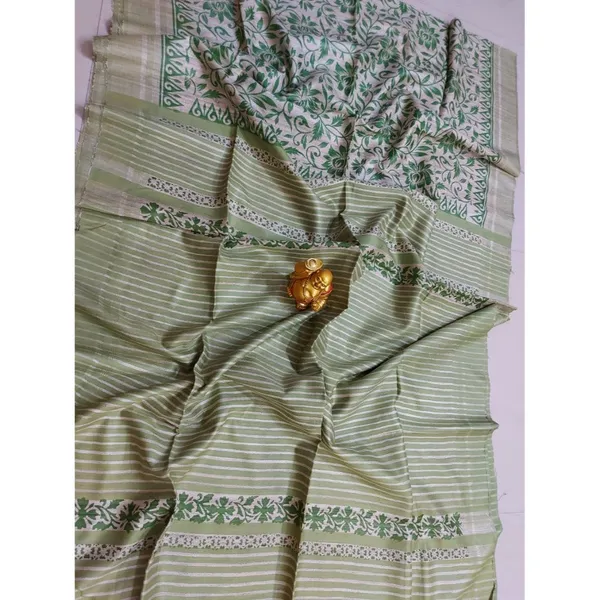 Silkmark_Tussar_Serene_Blockprint_Green_&_Beige_Saree