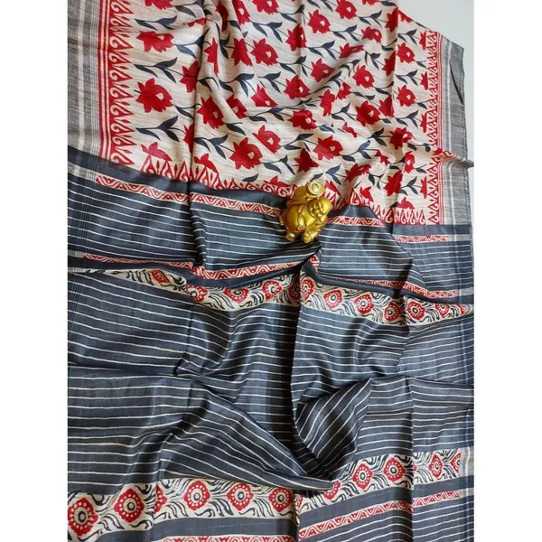 Silkmark_Tussar_Luminous_Blockprint_Red_&_Black_Saree