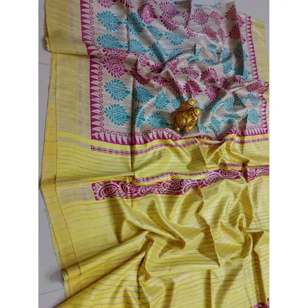 Silkmark_Tussar_Gorgeous_Blockprint_Yellow_&_Blue_Saree