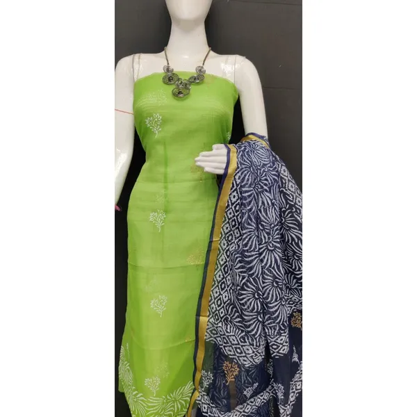 Adorable_Kota_Doria_Blockprint_Suit_Material_Green_With_Blue_Dupatta