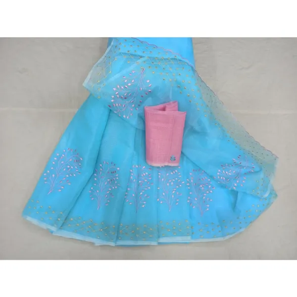 Fresh_Kota_Doria_Cotton_Bel_Embroidery_Blue_Saree_Handdyed
