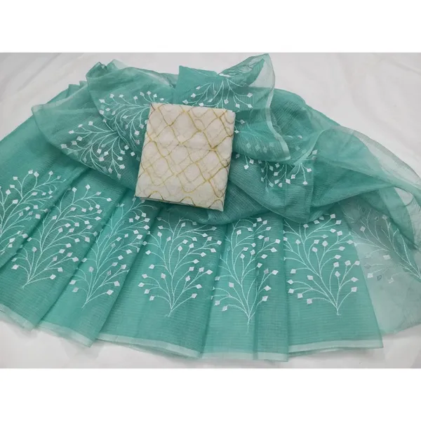 Chic_Kota_Doria_Cotton_Bel_Embroidery_Green_Saree_Handdyed