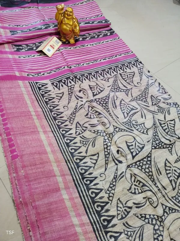 Silkmark_Tussar_Ethereal_Blockprint_Beige_&_Pink_Saree