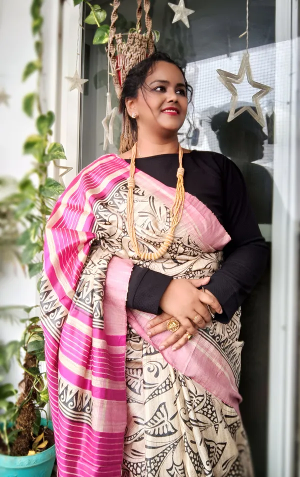 Silkmark_Tussar_Ethereal_Blockprint_Beige_&_Pink_Saree