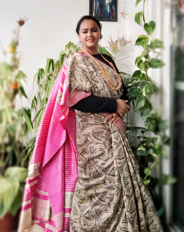 Silkmark_Tussar_Ethereal_Blockprint_Beige_&_Pink_Saree