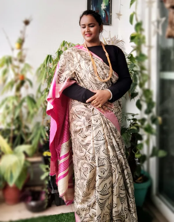 Silkmark_Tussar_Ethereal_Blockprint_Beige_&_Pink_Saree