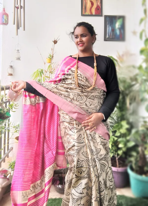 Silkmark_Tussar_Ethereal_Blockprint_Beige_&_Pink_Saree