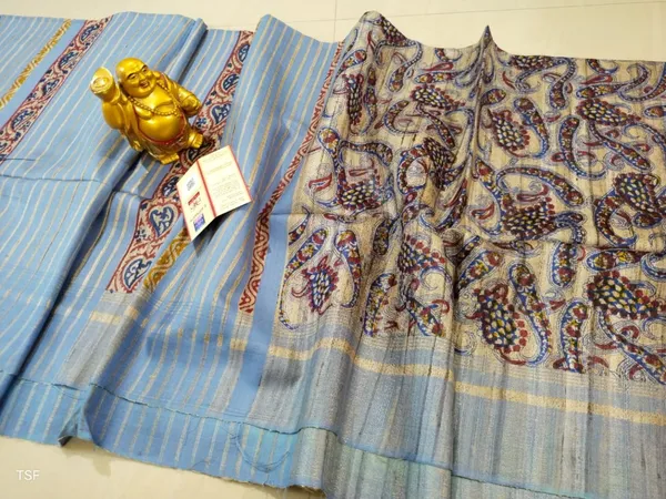 Silkmark_Tussar_Idyllic_Blockprint_Blue_&_Beige_Saree