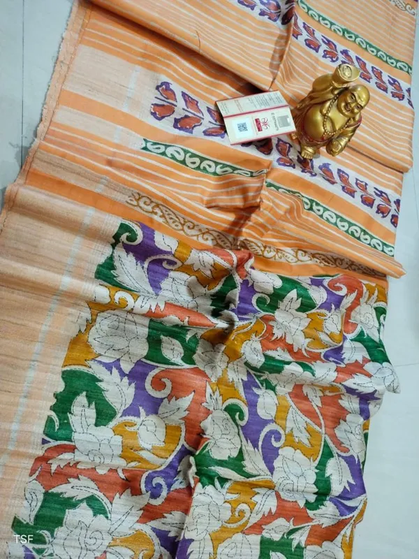 Silkmark_Tussar_Adorable_Blockprint_Orange_&_Green_Saree