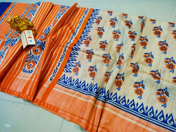 Silkmark_Tussar_Joyful_Blockprint_Orange_&_Blue_Saree
