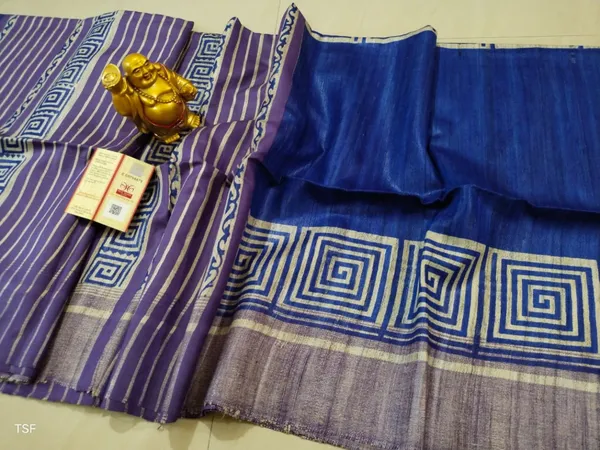 Silkmark_Tussar_Glossy_Blockprint_Blue_&_Purple_Saree