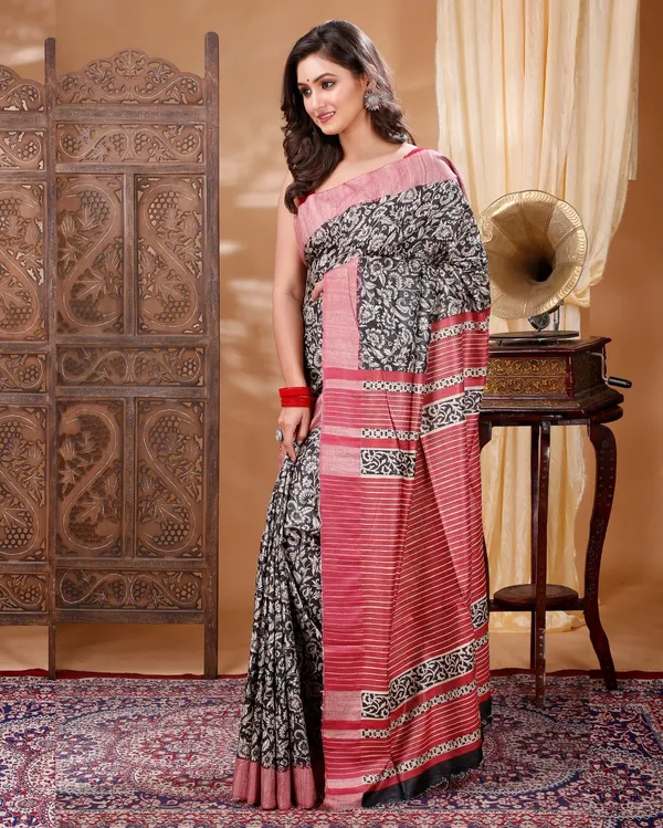 Silkmark_Tussar_Blissful_Blockprint_Red_&_Black_Saree