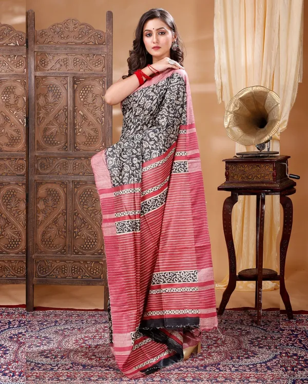 Silkmark_Tussar_Blissful_Blockprint_Red_&_Black_Saree