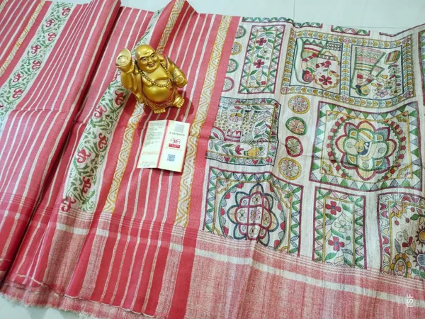 Silkmark_Tussar_Shining_Blockprint_Pink_&_Green_Saree