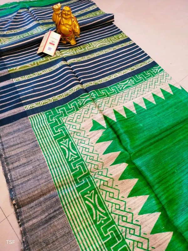 Silkmark_Tussar_Fanciful_Blockprint_Green_&_Blue_Saree