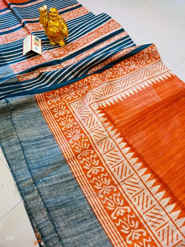 Silkmark_Tussar_Dreamy_Blockprint_Orange_&_Blue_Saree