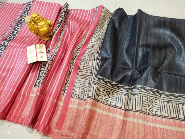 Silkmark_Tussar_Decorous_Blockprint_Blue_&_Pink_Saree