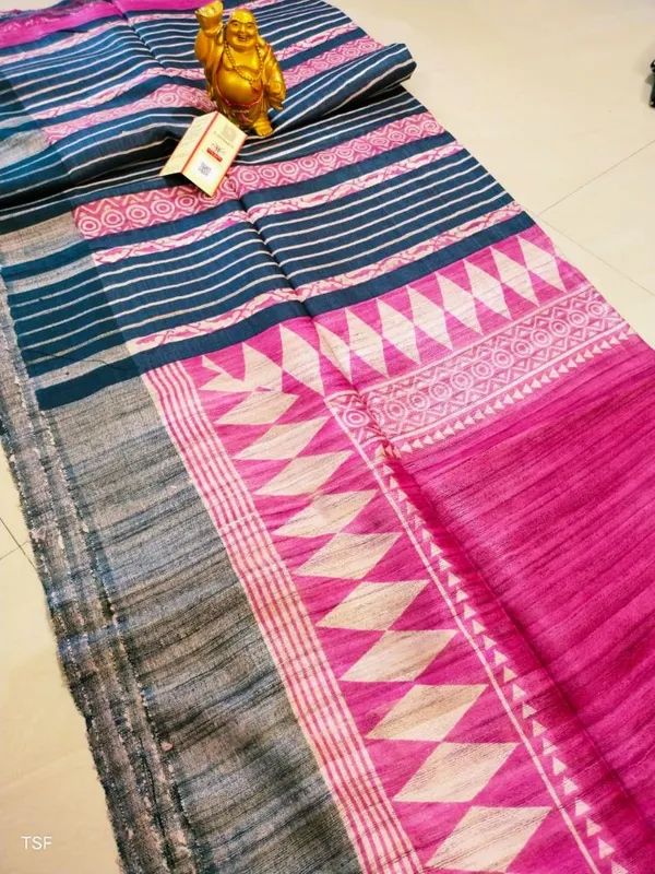 Silkmark_Tussar_Textured_Blockprint_Pink_&_Blue_Saree
