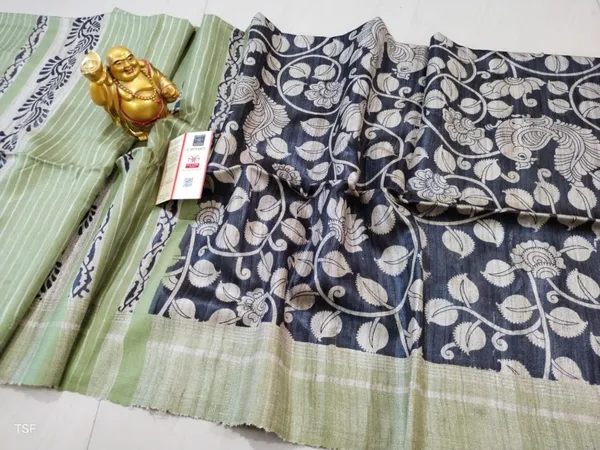 Silkmark_Tussar_Splendid_Blockprint_Blue_&_Green_Saree