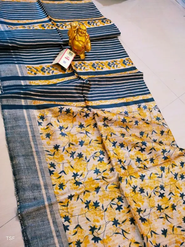 Silkmark_Tussar_Bold_Blockprint_Yellow_&_Blue_Saree