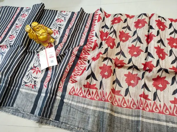 Silkmark_Tussar_Adorable_Blockprint_Red_&_Black_Saree