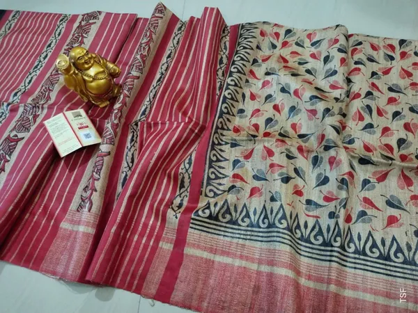 Silkmark_Tussar_Fanciful_Blockprint_Red_&_Beige_Saree