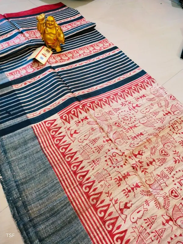Silkmark_Tussar_Graceful_Blockprint_Red_&_Black_Saree