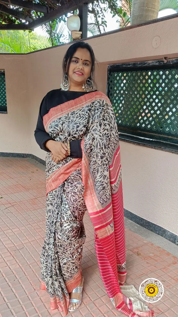 Silkmark_Tussar_Timeless_Blockprint_Red_&_Black_Saree