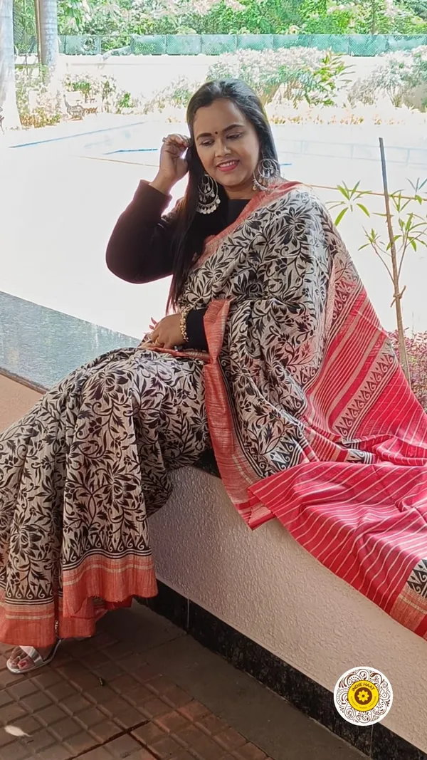 Silkmark_Tussar_Timeless_Blockprint_Red_&_Black_Saree