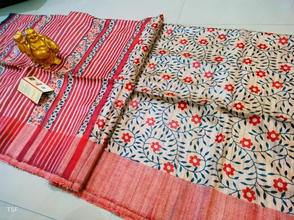 Silkmark_Tussar_Luminous_Blockprint_Red_&_Beige_Saree