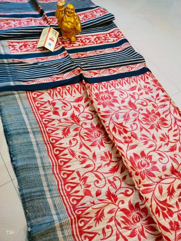 Silkmark_Tussar_Kinetic_Blockprint_Red_&_Blue_Saree