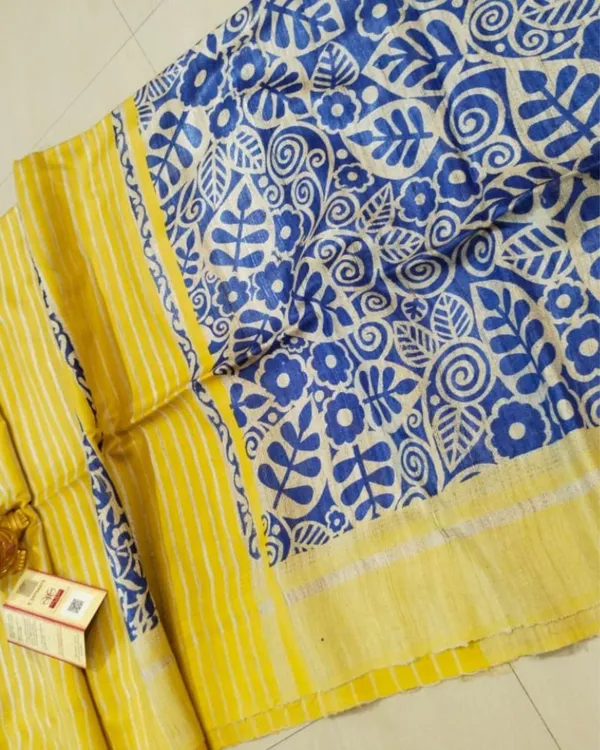 Silkmark_Tussar_Lively_Blockprint_Blue_&_Yellow_Saree