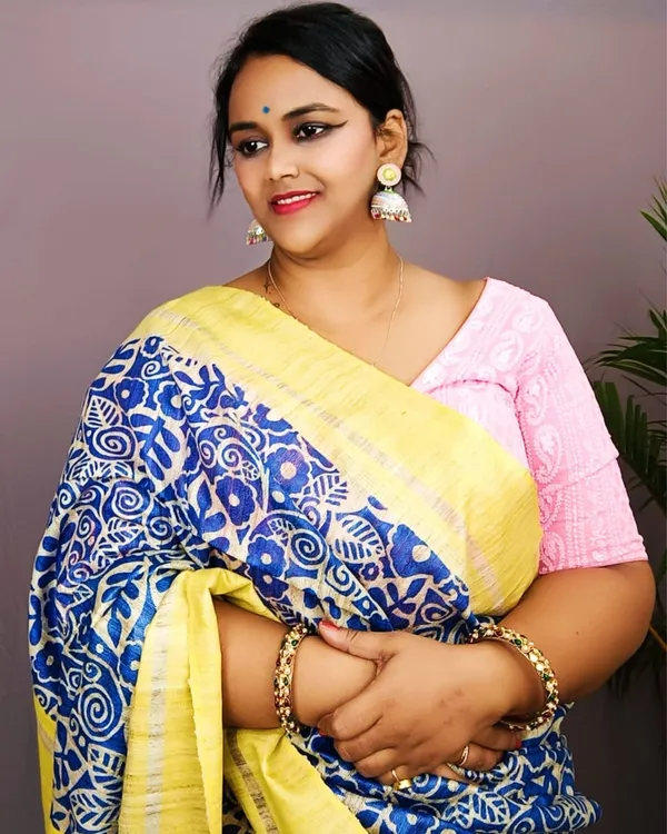 Silkmark_Tussar_Lively_Blockprint_Blue_&_Yellow_Saree