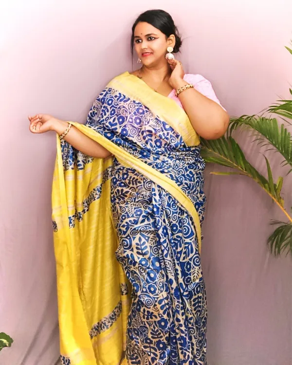 Silkmark_Tussar_Lively_Blockprint_Blue_&_Yellow_Saree