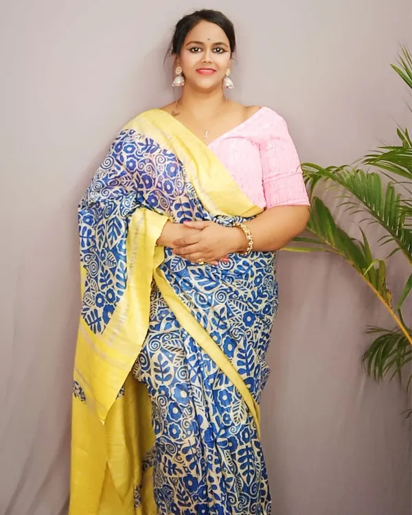 Silkmark_Tussar_Lively_Blockprint_Blue_&_Yellow_Saree