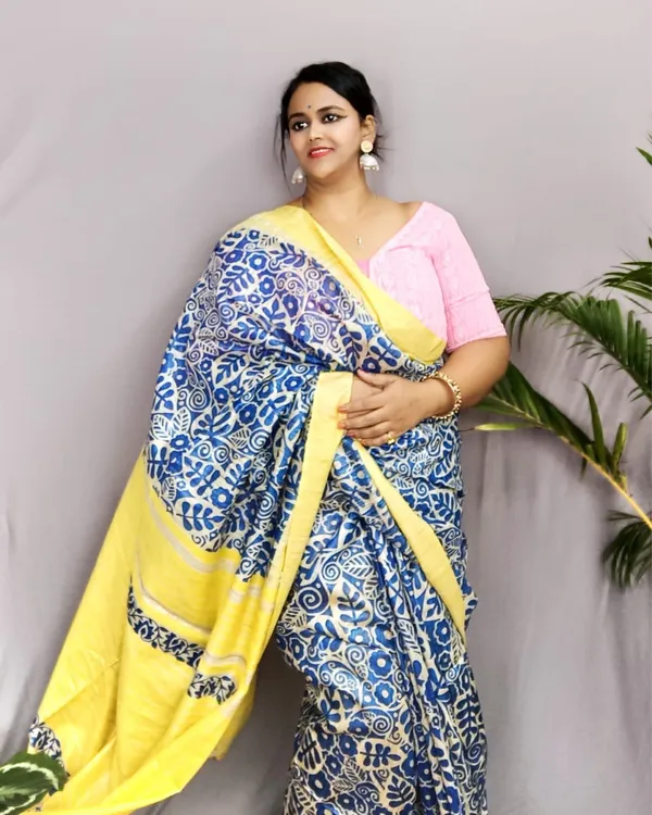 Silkmark_Tussar_Lively_Blockprint_Blue_&_Yellow_Saree