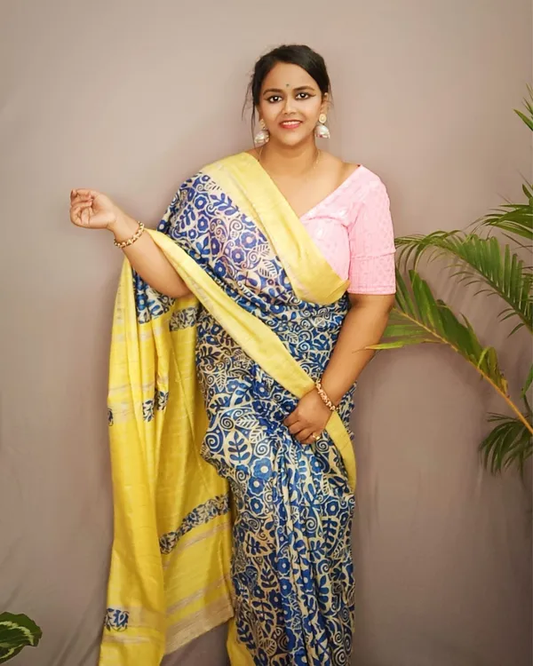 Silkmark_Tussar_Lively_Blockprint_Blue_&_Yellow_Saree
