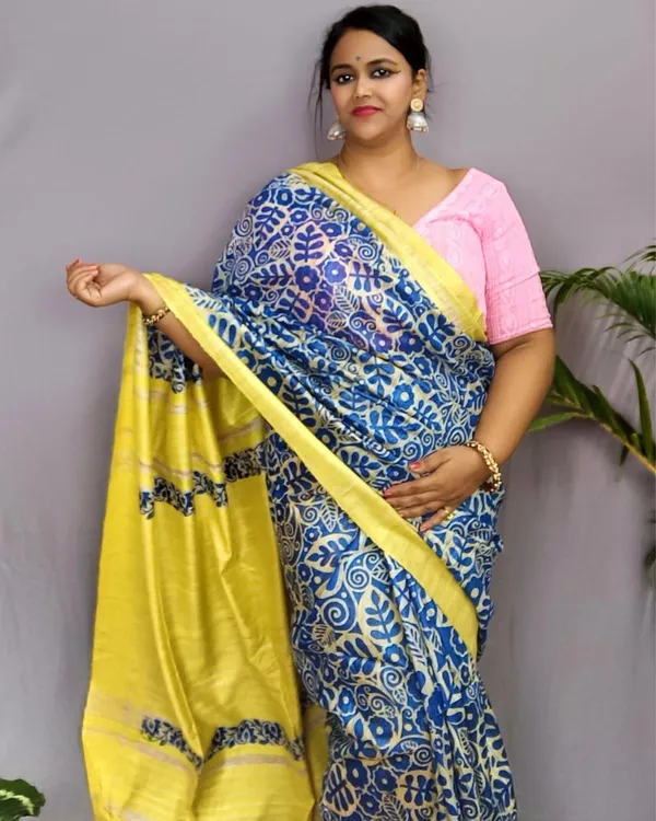 Silkmark_Tussar_Lively_Blockprint_Blue_&_Yellow_Saree