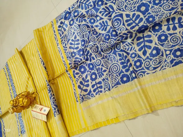 Silkmark_Tussar_Lively_Blockprint_Blue_&_Yellow_Saree