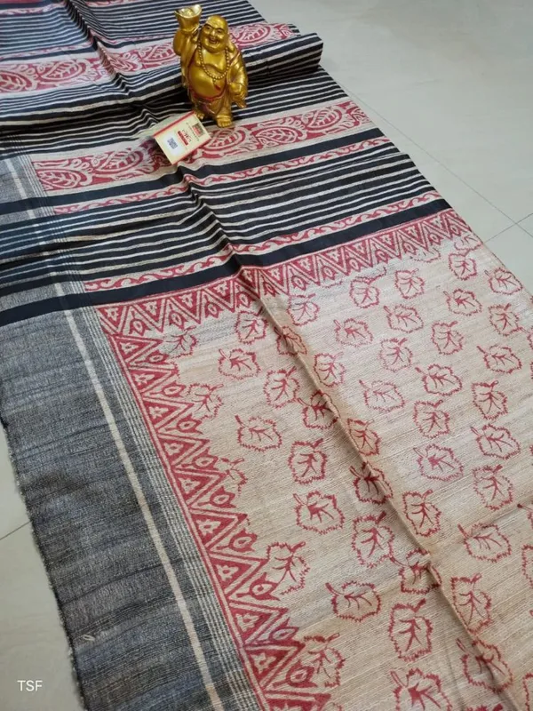 Silkmark_Tussar_Lucid_Blockprint_Maroon_&_Black_Saree